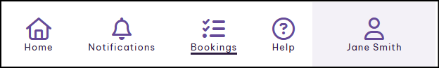 Image of menu icons including Home, Notificaitons, Bookings, Help